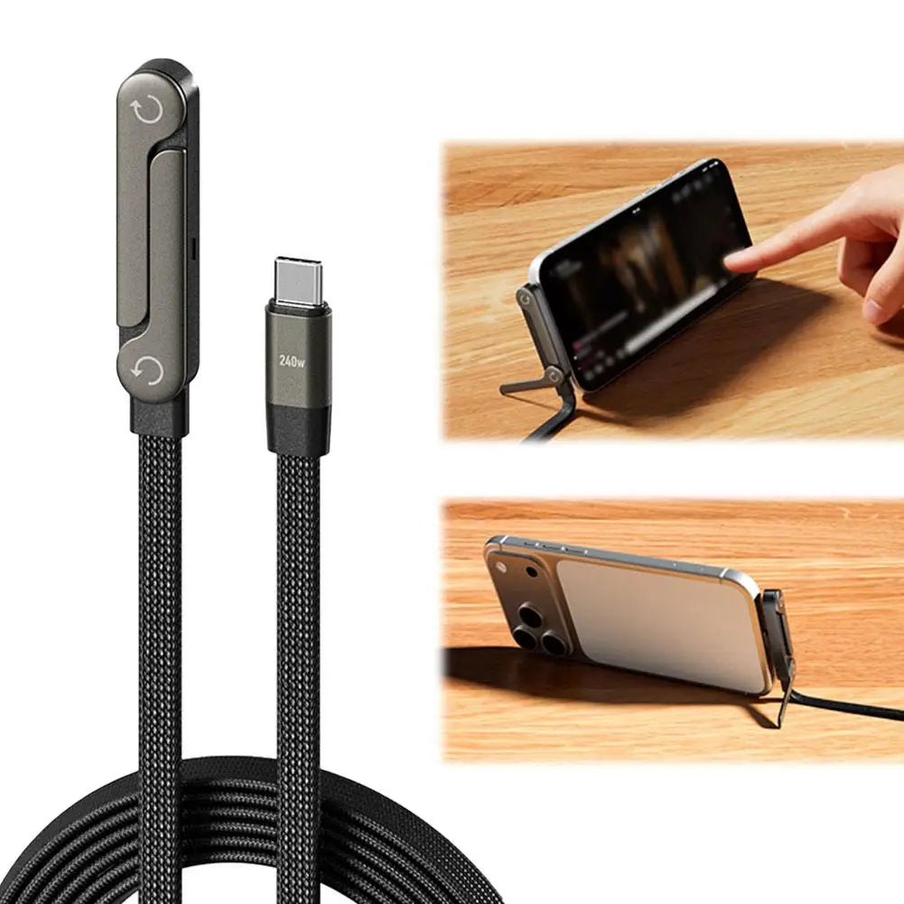 240W Fast Charging Foldable Bracket Data Cable - 2-in-1 Type-C to Type-C / USB-A to Type-C Data Wire with Integrated Phone and Tablet Stand