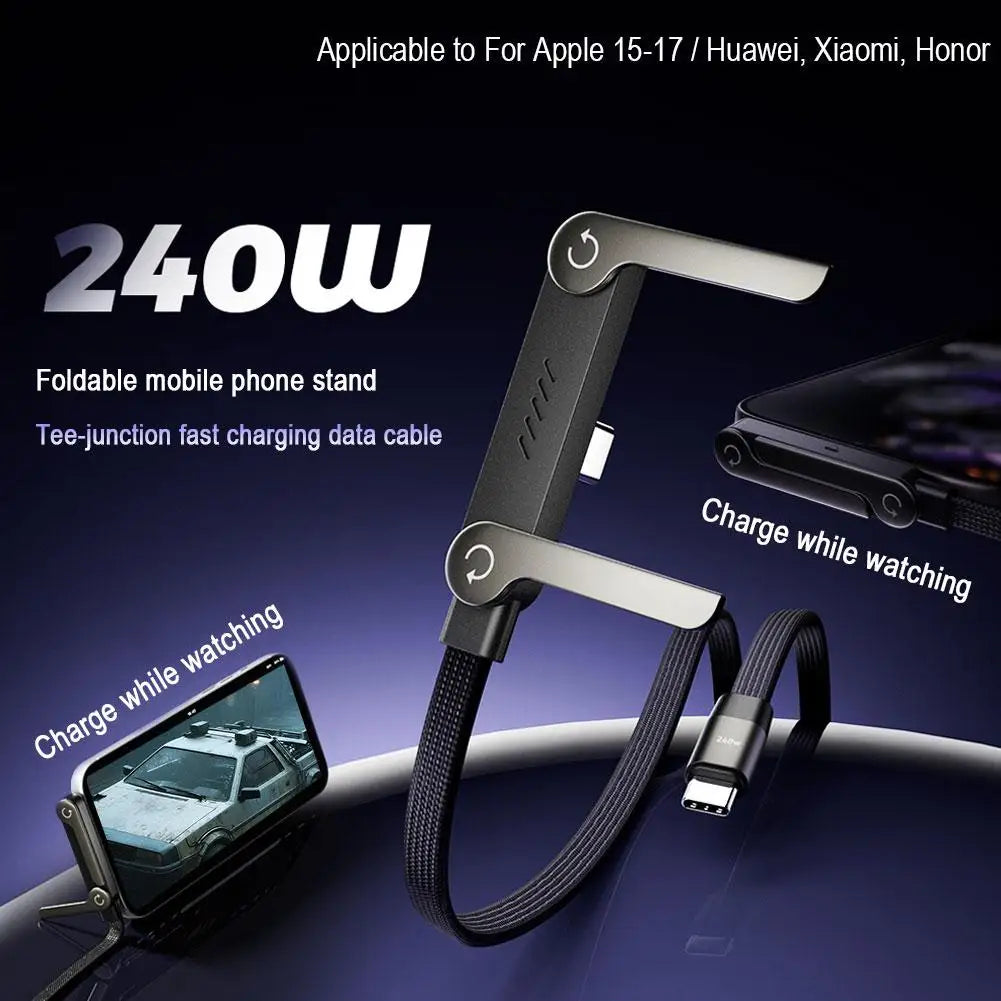 240W Fast Charging Foldable Bracket Data Cable - 2-in-1 Type-C to Type-C / USB-A to Type-C Data Wire with Integrated Phone and Tablet Stand