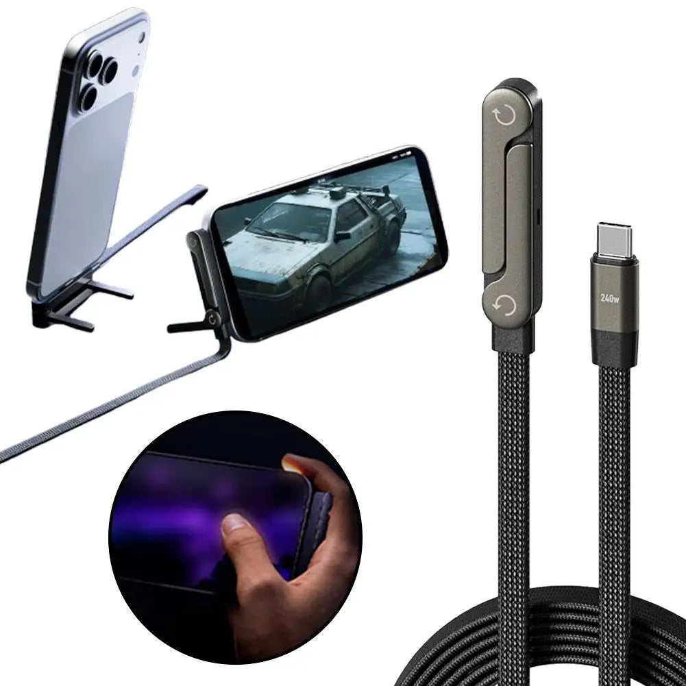 240W Fast Charging Foldable Bracket Data Cable - 2-in-1 Type-C to Type-C / USB-A to Type-C Data Wire with Integrated Phone and Tablet Stand