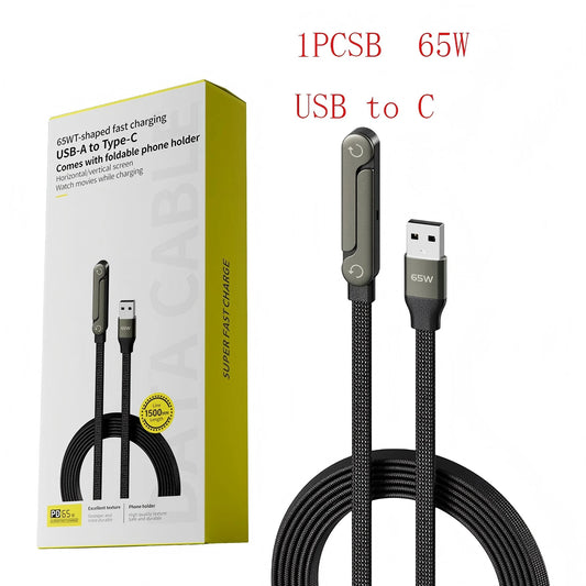 240W Fast Charging Foldable Bracket Data Cable - 2-in-1 Type-C to Type-C / USB-A to Type-C Data Wire with Integrated Phone and Tablet Stand