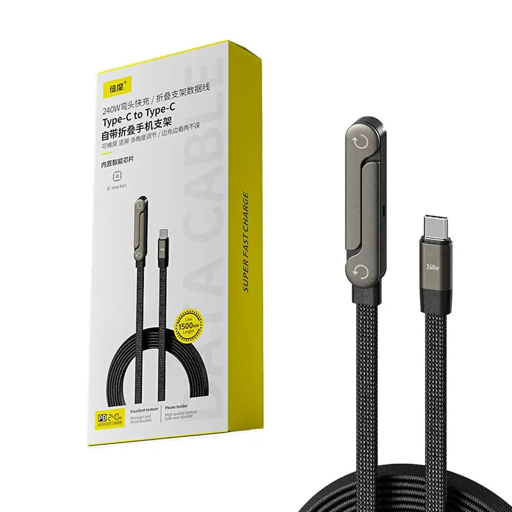 240W Fast Charging Foldable Bracket Data Cable - 2-in-1 Type-C to Type-C / USB-A to Type-C Data Wire with Integrated Phone and Tablet Stand